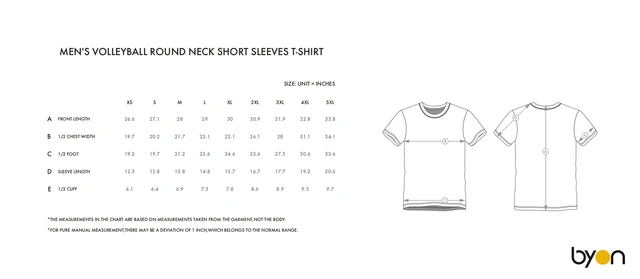 Men's Volleyball Round-Neck Short-Sleeve T-Shirt size chart