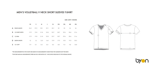 Men's Volleyball V-Neck Short-Sleeve T-Shirt size chart