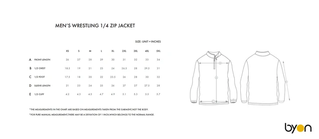 Men's Wrestling 1/4-Zip Jacket size chart