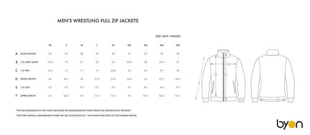 Men's Wrestling Full-Zip Jacket size chart