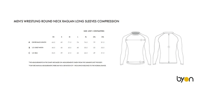 Men's Wrestling Round-Neck Raglan Long-Sleeve Compression Shirt size chart