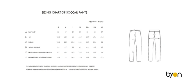 Soccer Pants size chart