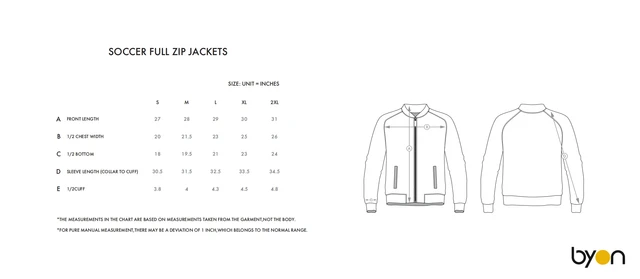 Soccer Full-Zip Jacket size chart