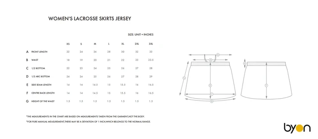 Women's Lacrosse Skirt Jersey size chart