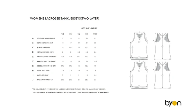 Women's Lacrosse Two-Layer Tank Jersey size chart