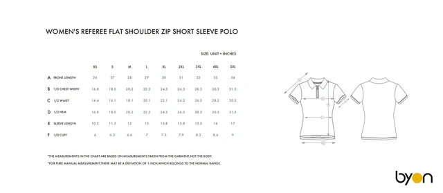 Women's Referee Flat-Shoulder Zip Short-Sleeve Polo size chart
