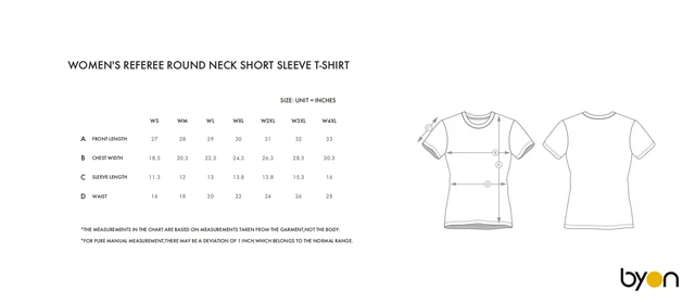 Women's Referee Round-Neck Short-Sleeve T-Shirt size chart