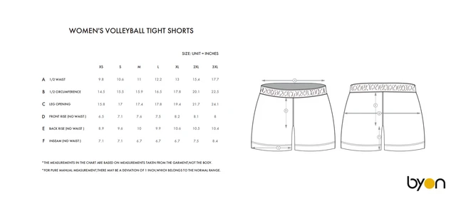 Women's Volleyball Tight Shorts size chart