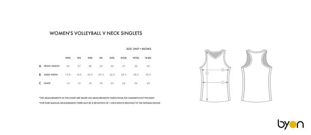 Women's Volleyball V-Neck Singlet size chart