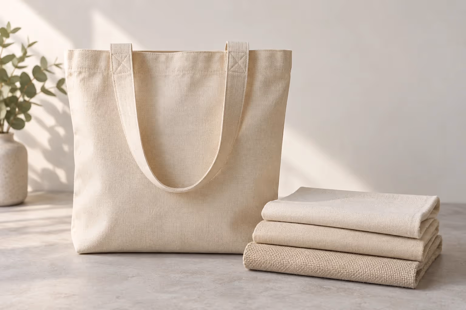 Natural cotton canvas tote bag with reinforced handles beside folded canvas fabric swatches