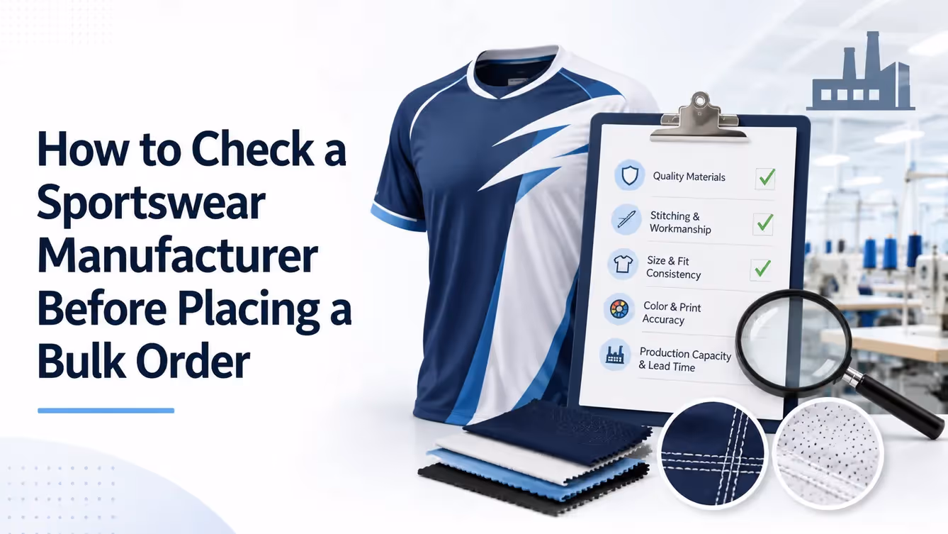 Buyer inspecting sportswear samples and manufacturing quality before placing a bulk order