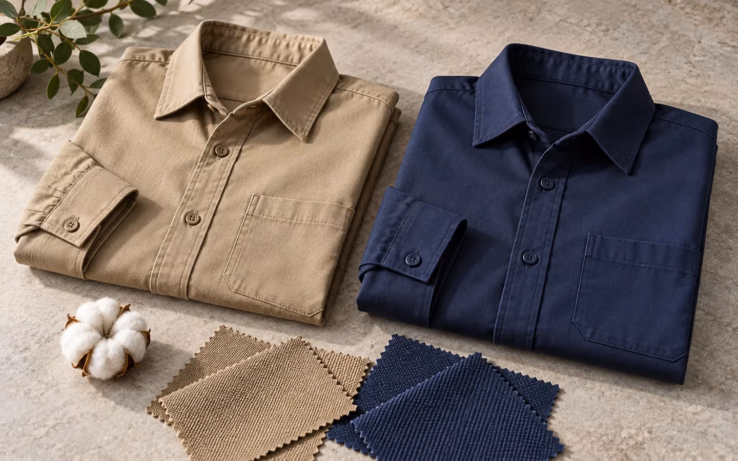 Folded khaki and navy workwear shirts beside matching fabric swatches and a cotton boll