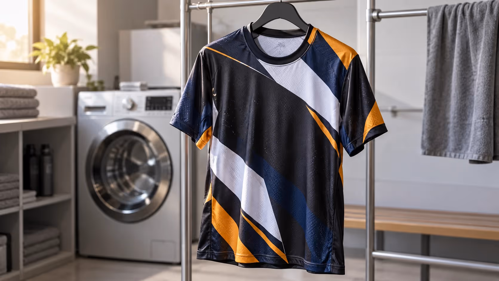 Freshly washed sublimated sports jersey air-drying beside a washing machine