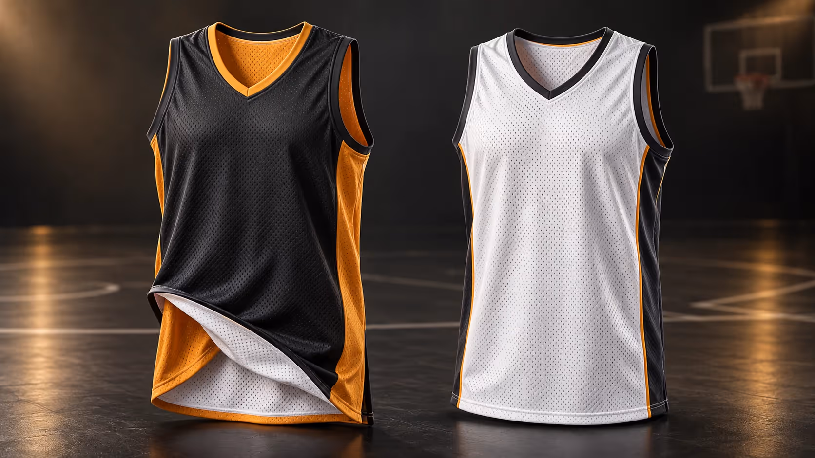 Reversible and single-layer basketball jerseys shown side by side