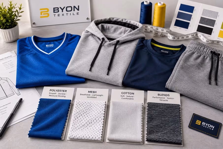 Sportswear fabric swatches including polyester mesh cotton and blends