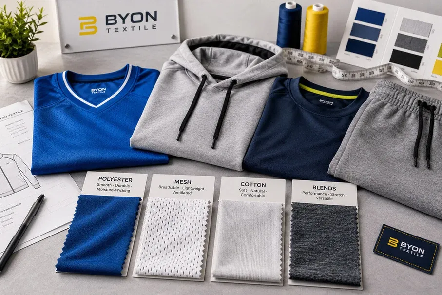 Sportswear fabric swatches including polyester mesh cotton and blends