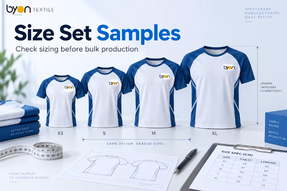 Sportswear size set samples used to check garment grading and sizing before bulk production