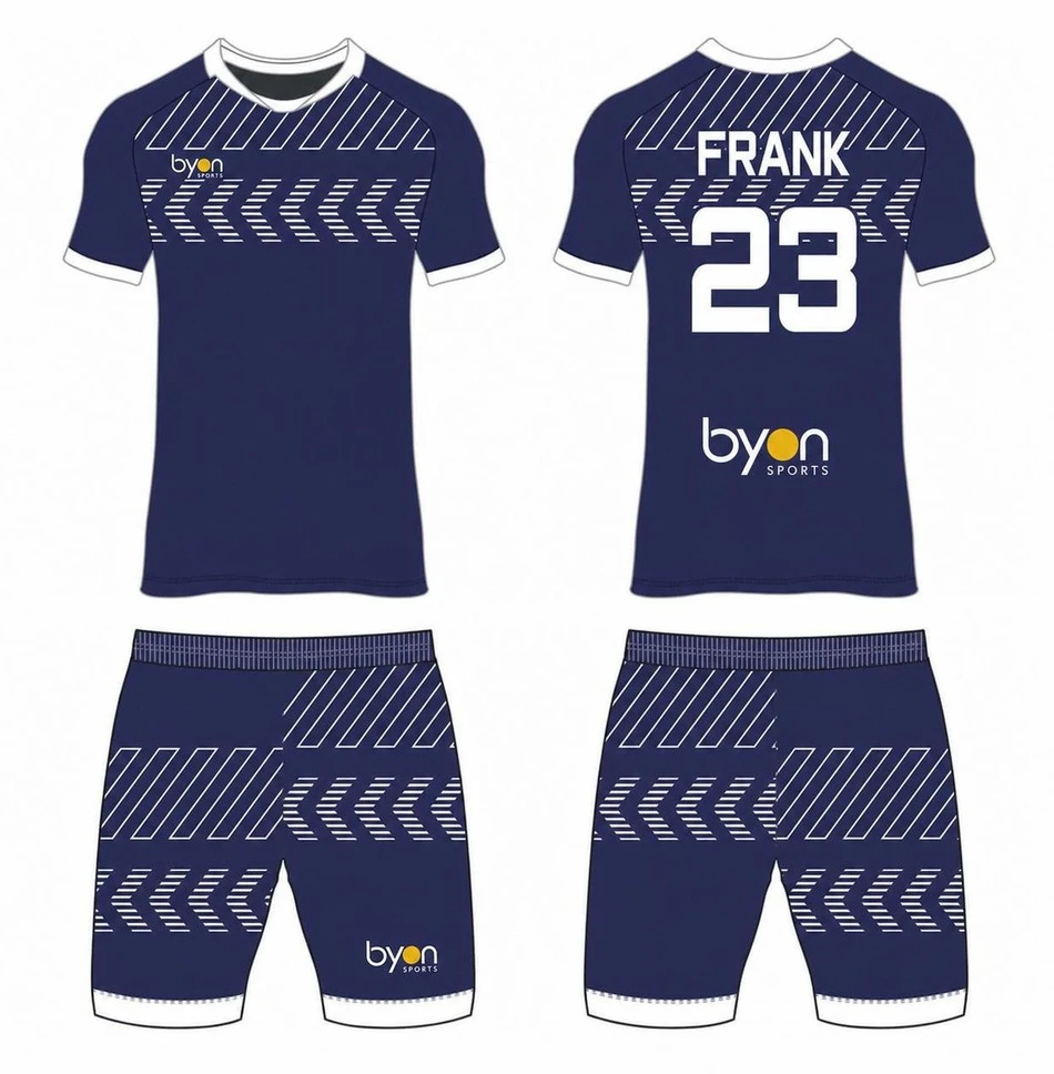 Custom soccer kits with sublimated team jersey, shorts, and socks