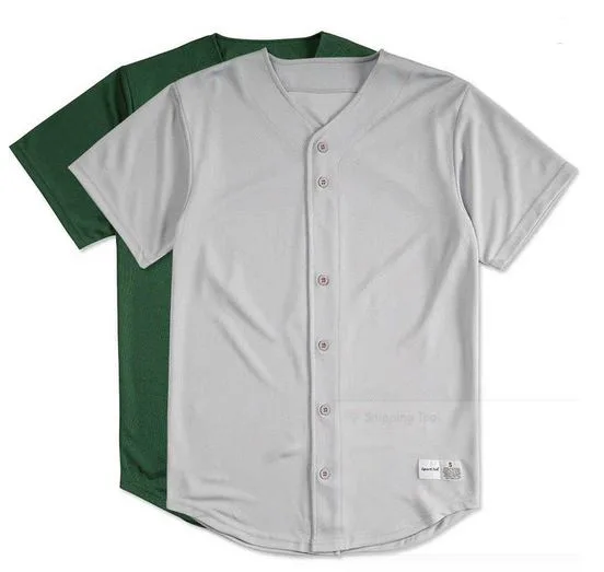 Plain custom button up baseball jersey in zwei farben gezeigt.