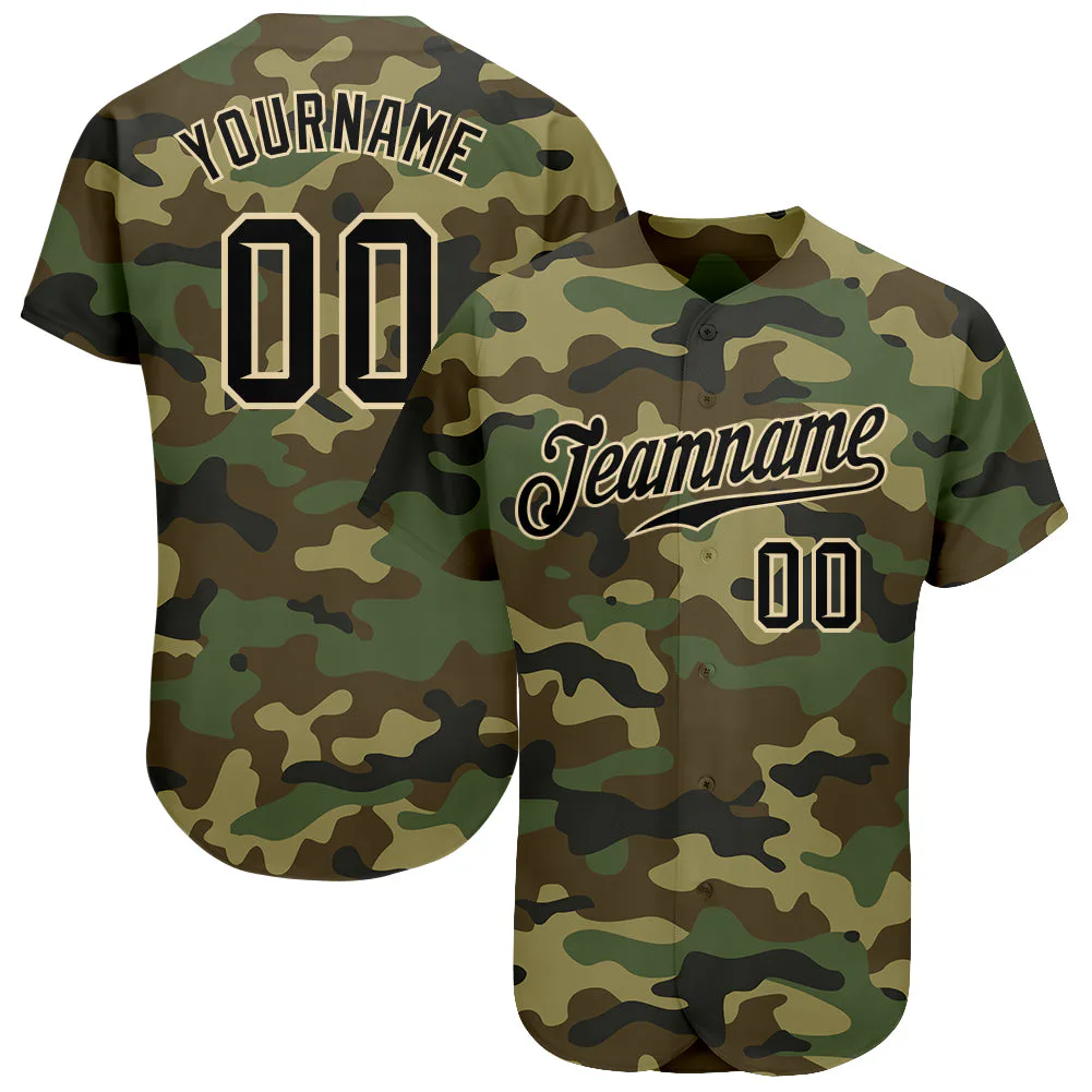 Custom camouflage baseball jersey displayed from the front