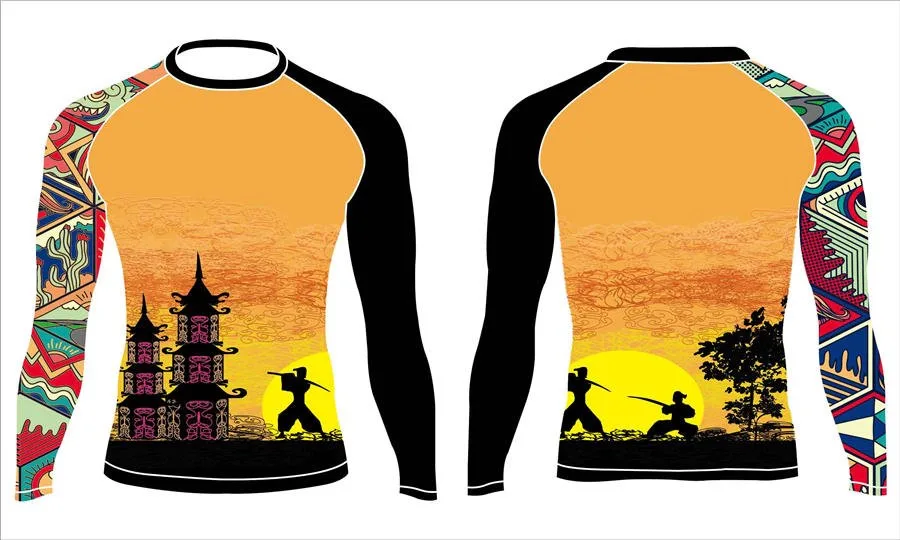 Custom design sublimation printing poly spandex orange long sleeve rash guard
