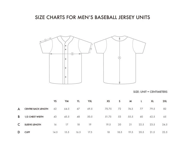 Tabla de tallas para camisetas de béisbol sublimadas