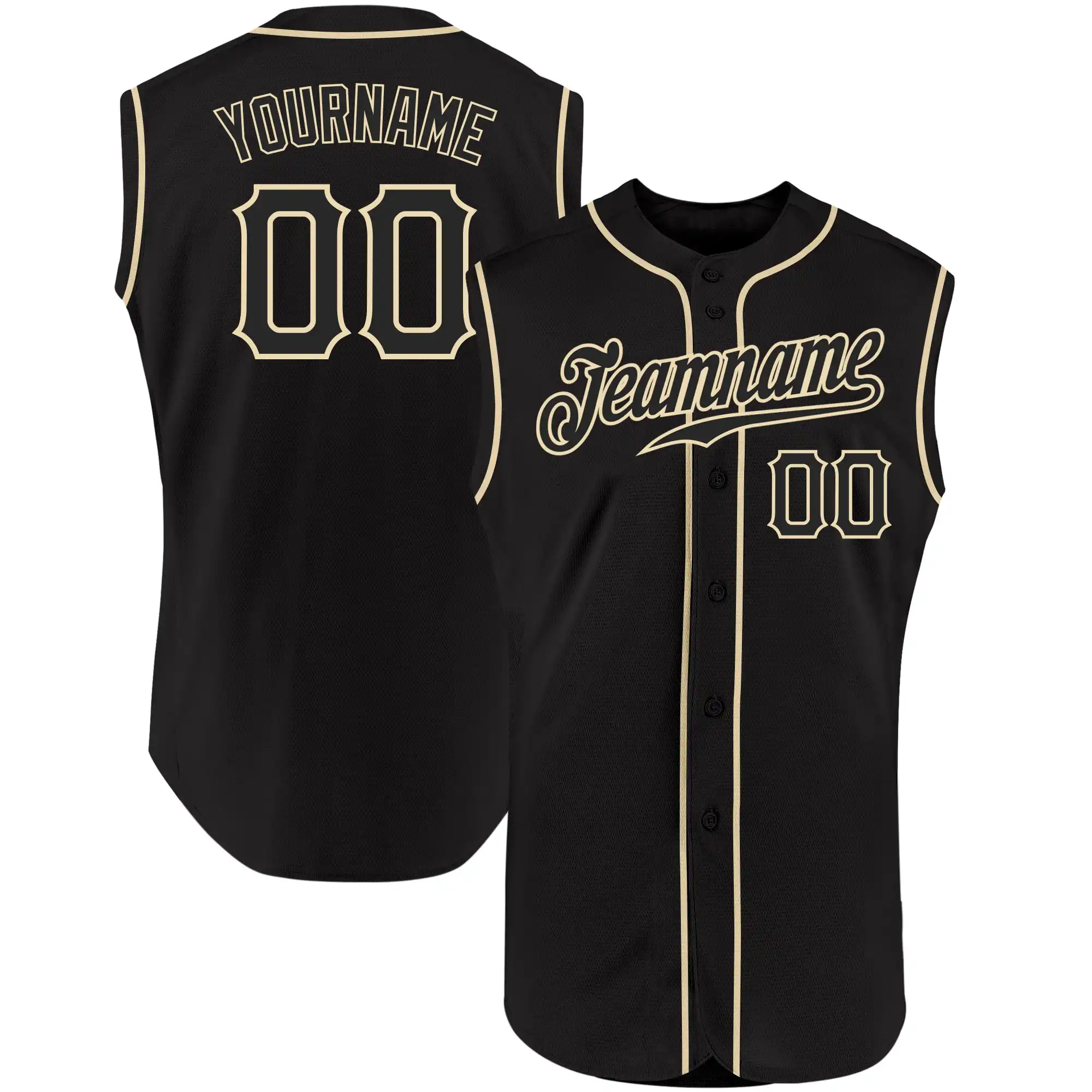 Custom sleeveless baseball jerseys displayed from the front and back
