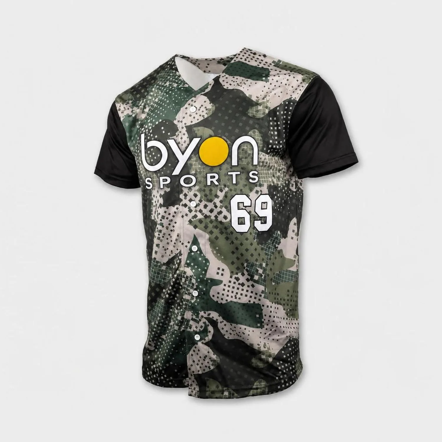 Sublimation detail on a custom camo baseball jersey